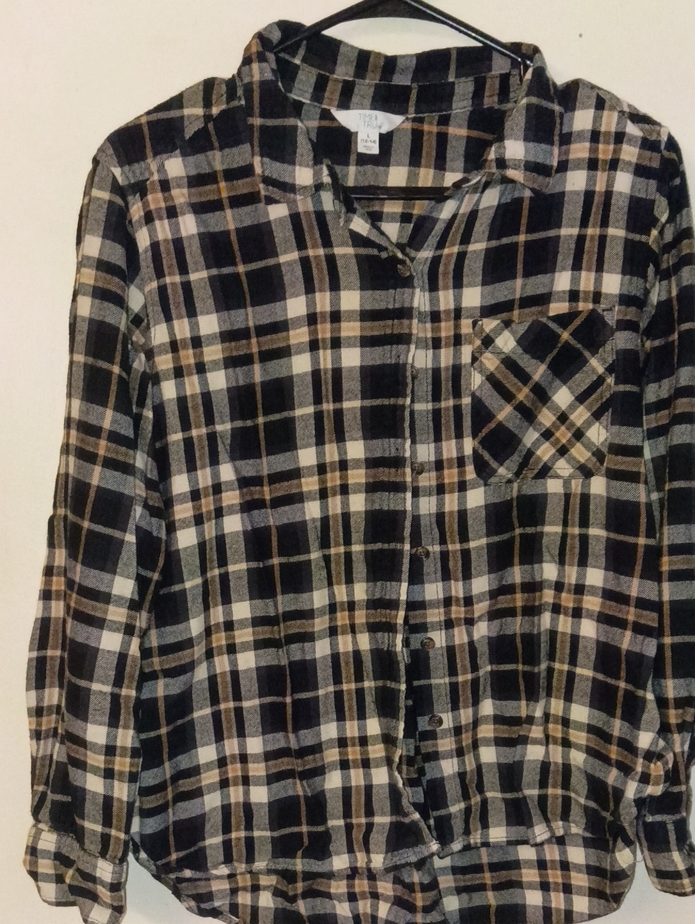 Time And Tru Plaid Button-Down Flannel Shirt - Black & Cream Size Large